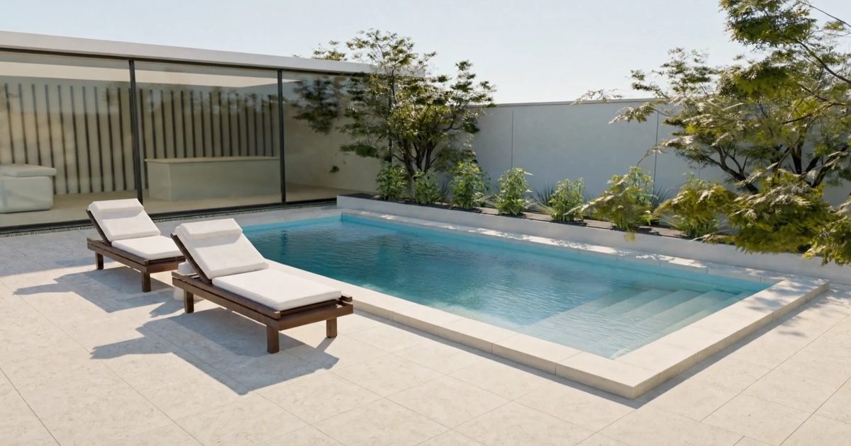 Illustrative pool design with a surrounding deck and outdoor seating